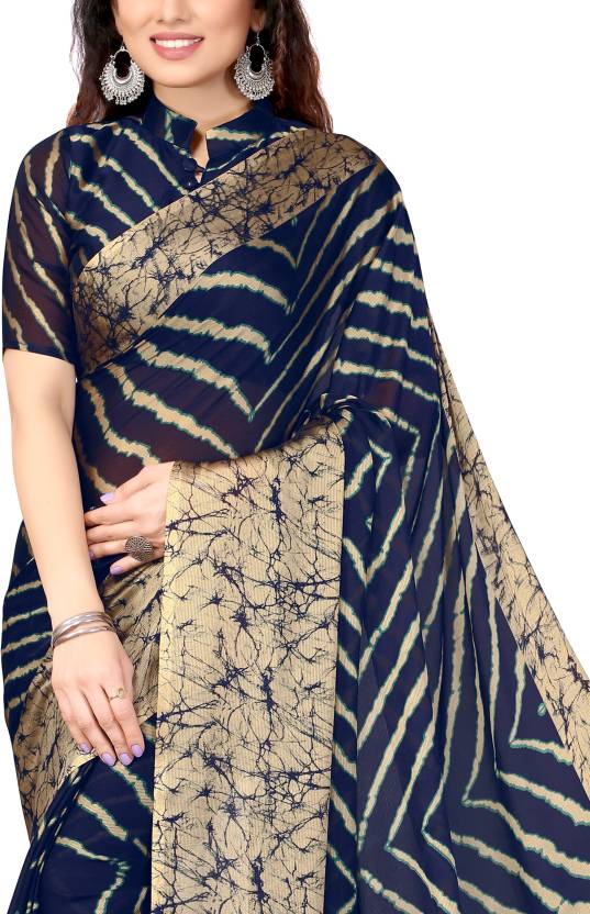 Printed, Striped Leheria Chiffon, Georgette Saree (Dark Blue) by Dropdash