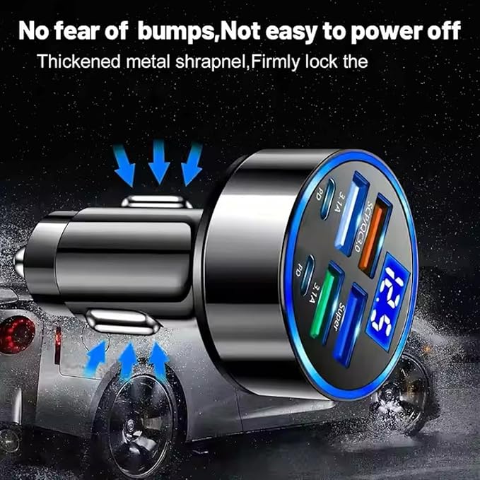 6-Port Fast Car Charger | 66W USB + Type-C Adapter with LED Display | QC3.0 + PD by Dropdash