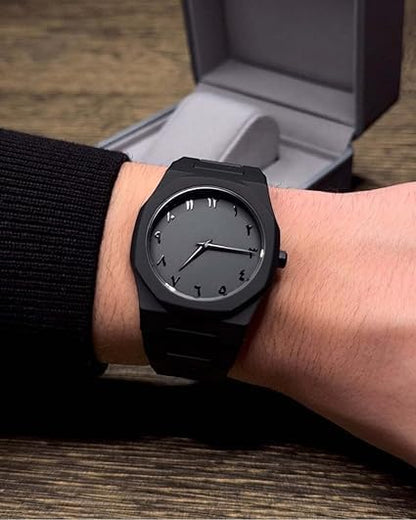 Matte Black Analog Wristwatch with Eastern Arabic Dial by Dropdash