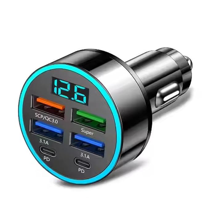 6-Port Fast Car Charger | 66W USB + Type-C Adapter with LED Display | QC3.0 + PD by Dropdash