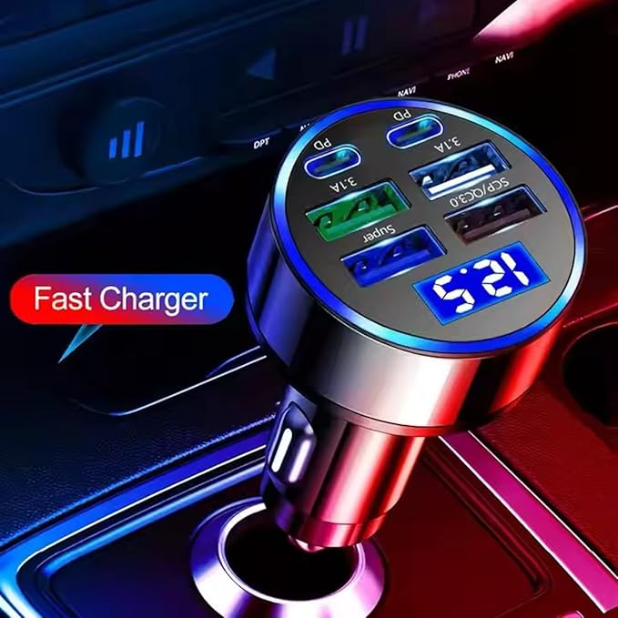 6-Port Fast Car Charger | 66W USB + Type-C Adapter with LED Display | QC3.0 + PD by Dropdash