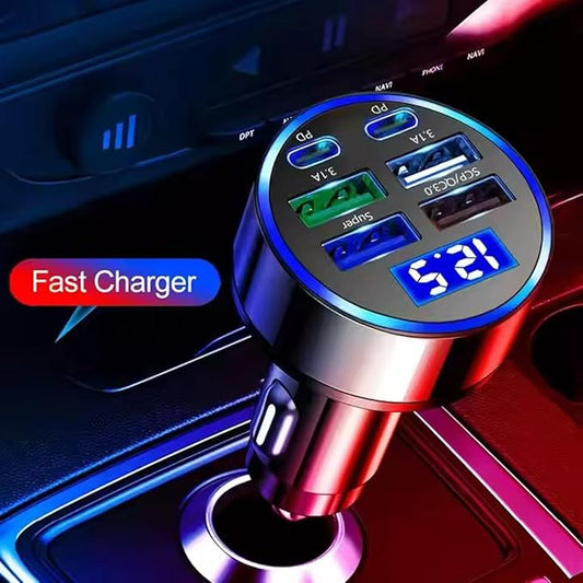 6-Port Fast Car Charger | 66W USB + Type-C Adapter with LED Display | QC3.0 + PD by Dropdash