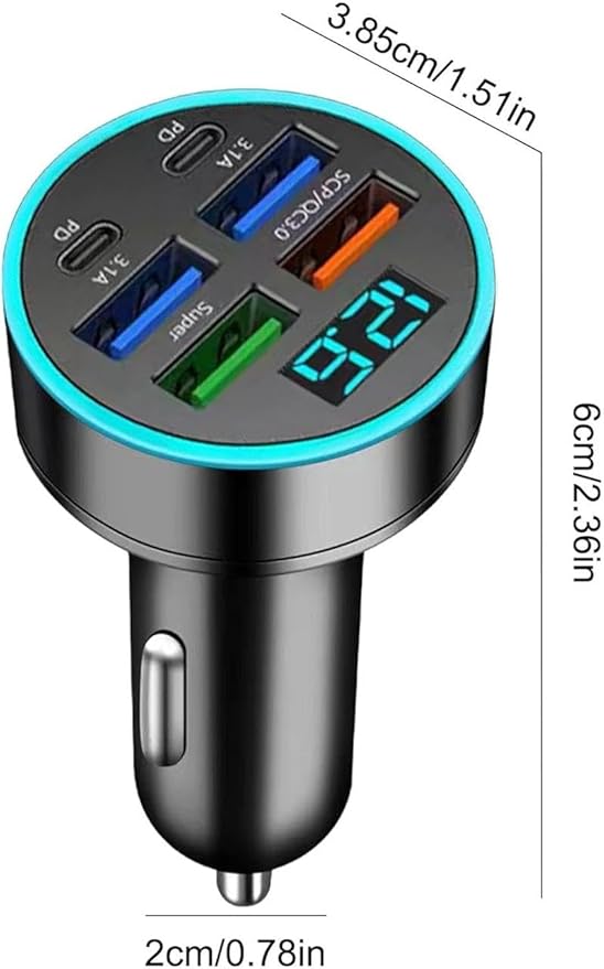 6-Port Fast Car Charger | 66W USB + Type-C Adapter with LED Display | QC3.0 + PD by Dropdash
