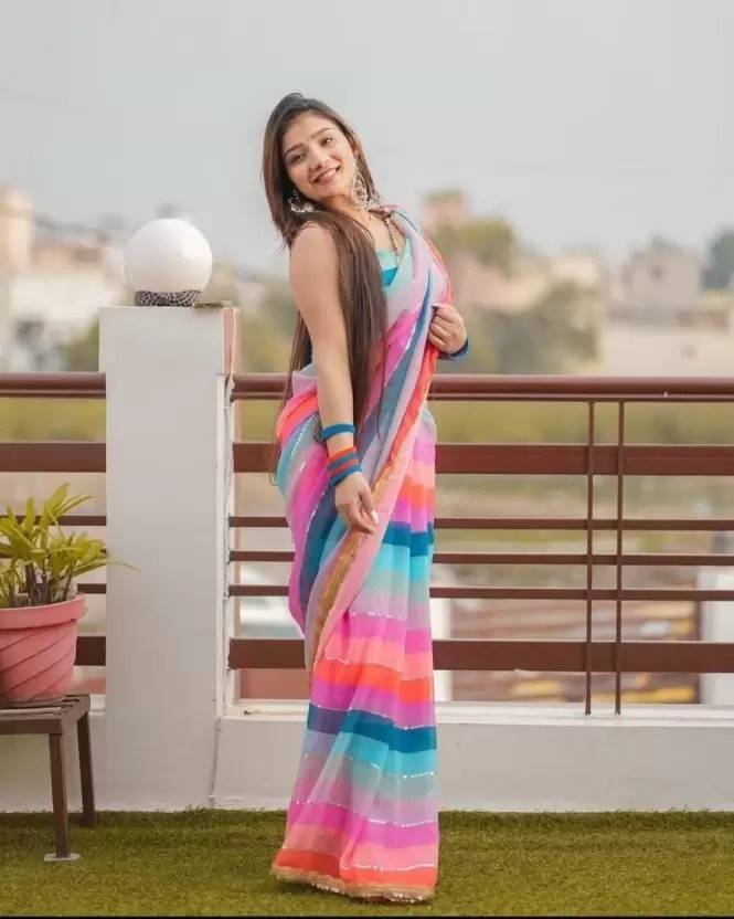 Printed, Self Design, Digital Print, Color Block, Blocked Printed, Woven, Checkered Daily Wear Georgette Saree by Dropdash