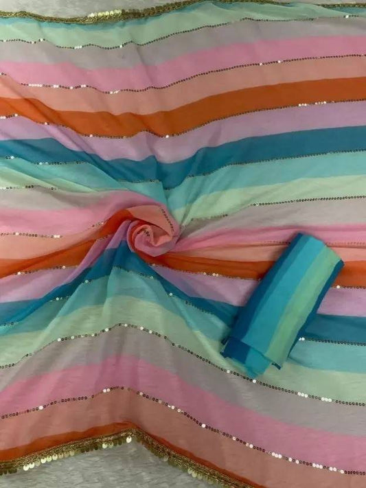 Printed, Self Design, Digital Print, Color Block, Blocked Printed, Woven, Checkered Daily Wear Georgette Saree by Dropdash