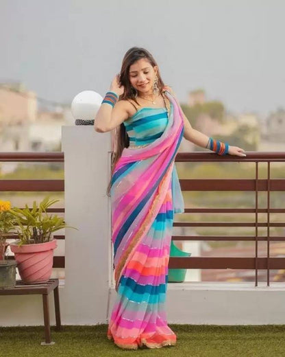 Printed, Self Design, Digital Print, Color Block, Blocked Printed, Woven, Checkered Daily Wear Georgette Saree by Dropdash