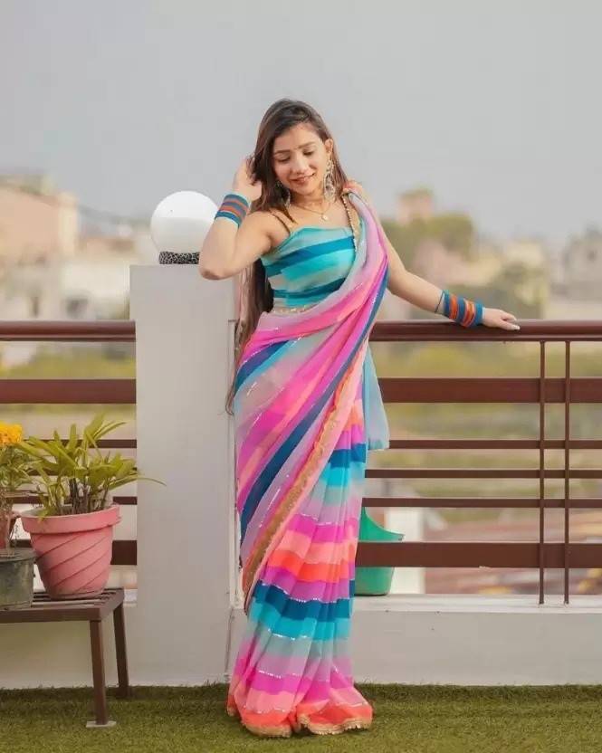 Printed, Self Design, Digital Print, Color Block, Blocked Printed, Woven, Checkered Daily Wear Georgette Saree by Dropdash