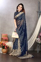 Printed, Striped Leheria Chiffon, Georgette Saree (Dark Blue) by Dropdash