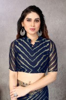Printed, Striped Leheria Chiffon, Georgette Saree (Dark Blue) by Dropdash